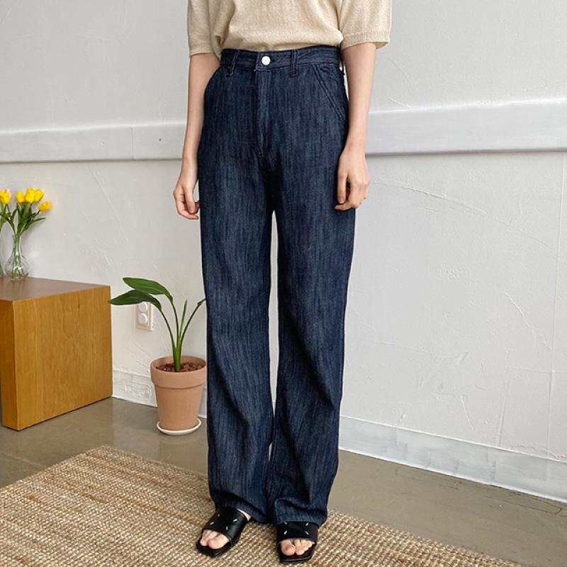 여자 여름 하이웨스트 와이드 린넨 데님팬츠 생지 연청 진청
