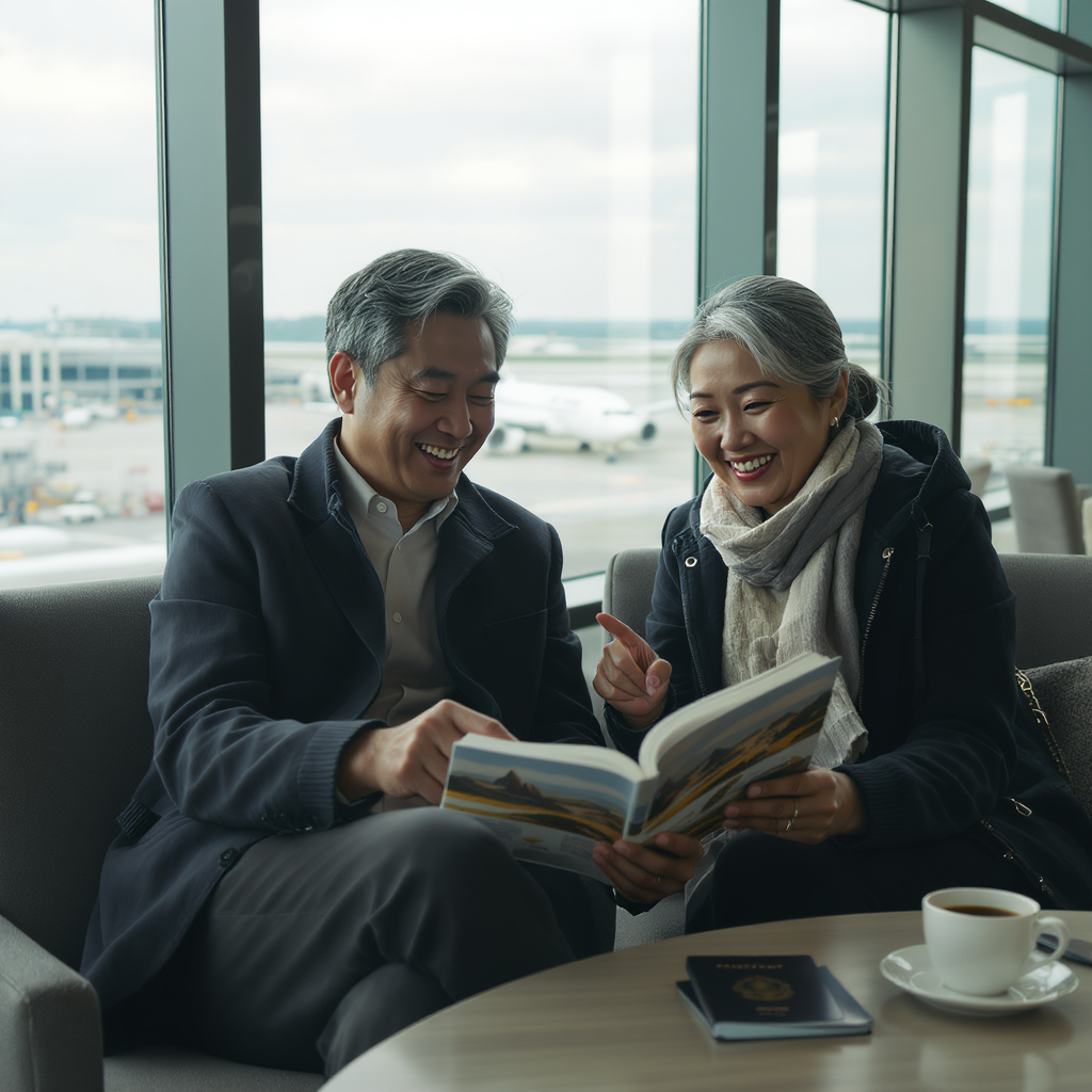 한 50대 한국인 부부가 공항 라운지에서 여행 계획을 보며 설레는 표정으로 웃고 있는 모습