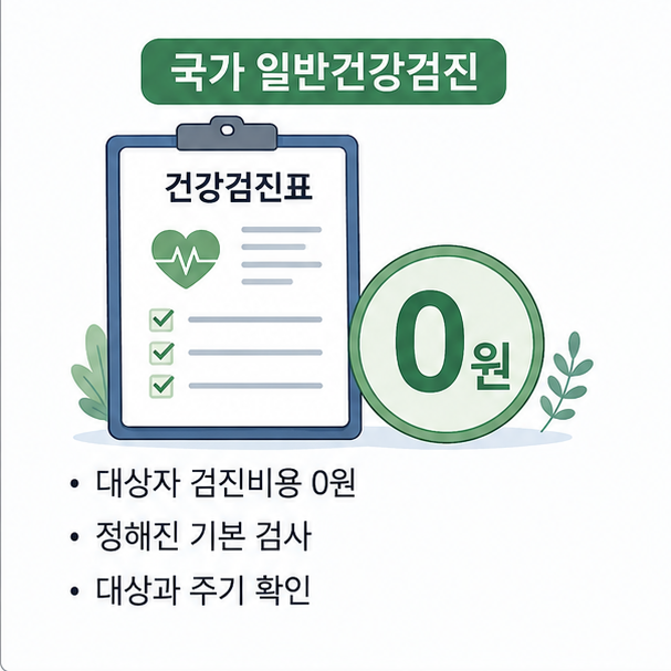 국가 일반건강검진 대상자의 검진비용과 기본 검사, 검진 대상과 주기를 정리한 이미지