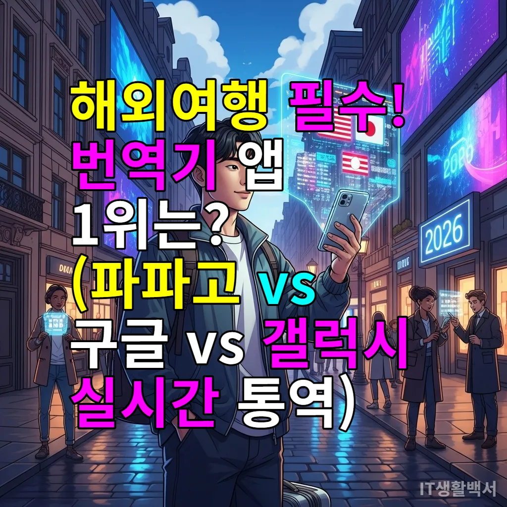 2026년 해외여행 필수품 번역기 앱 비교, 스마트폰으로 실시간 통역을 하는 한국인 여행자 일러스트