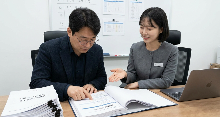 서류를 꼼꼼하게 검토하는 평가위원과 긴장한 사회복지사