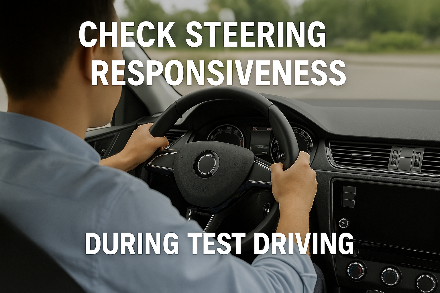 "중고차 시운전 중 핸들 조작 반응을 확인하는 운전자 모습"