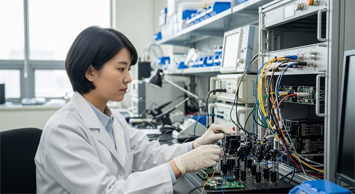 광모듈 시험 장비를 다루는 연구원 모습 