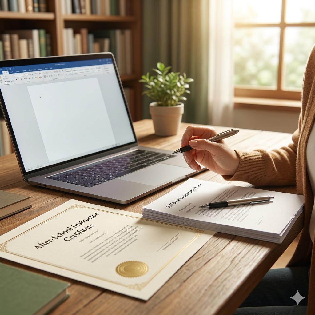 "노트북과 자격증 서류가 놓인 책상에서 교육 전문가가 기초학력 협력강사 합격 자기소개서를 작성하고 검토하는 전문적인 모습"