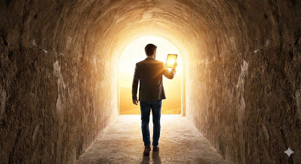 밝게 빛나는 문(미래)을 향해 AI 도구들을 들고 당당하게 걸어가는 중년의 뒷모습