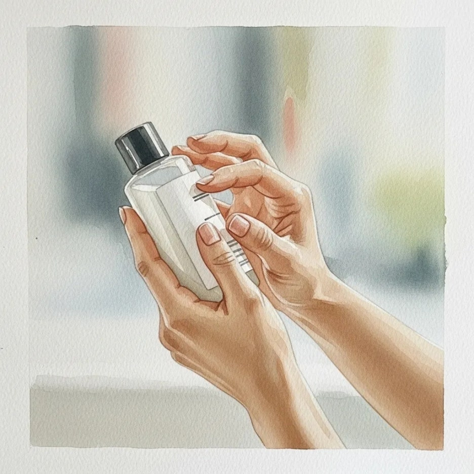 화장품을 신중하게 고르고 살펴보는 손