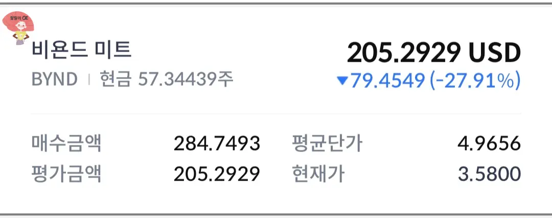 신한증권-비욘드 미트-내-주식-캡처-이미지-평단가 4.96달러-현재가-3.58달러-57.3주-보유