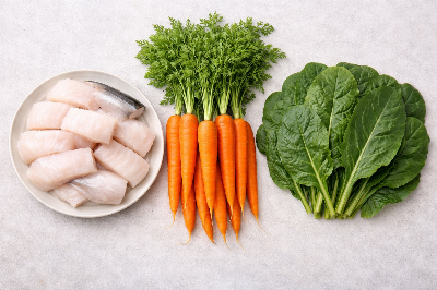 완료기 이유식 대구살 당근 근대 진밥 식재료 세팅 사진