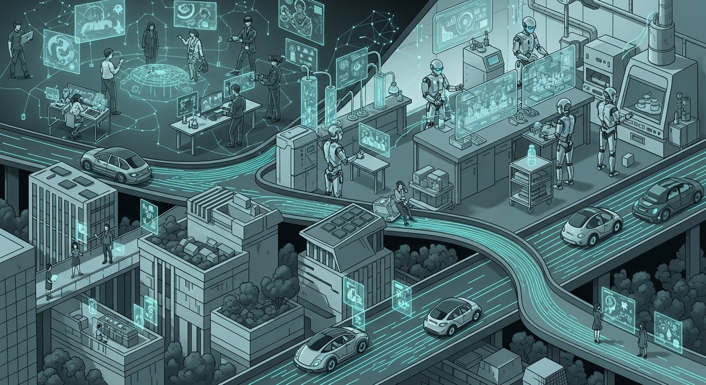 자율주행차, 로봇 실험실, 메타버스 환경이 엔비디아 AI 기술로 연결된 미래 도시의 모습.