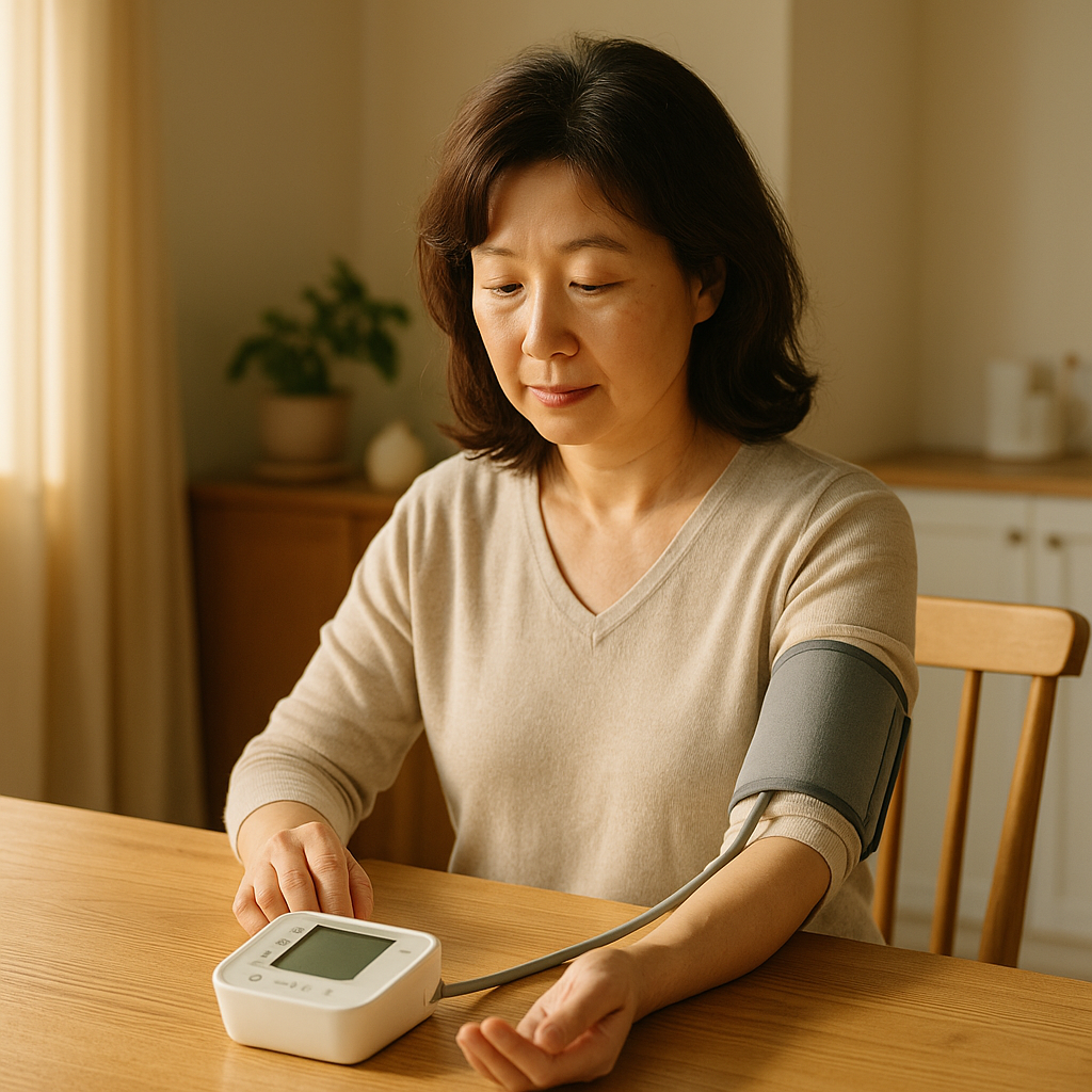 집에서 혈압계로 혈압을 측정하는 중년 한국인, 따뜻한 아침 햇살