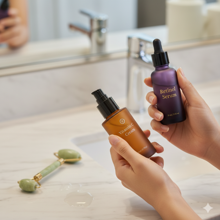 레티놀과 비타민C 화장품을 들고 있는 손
