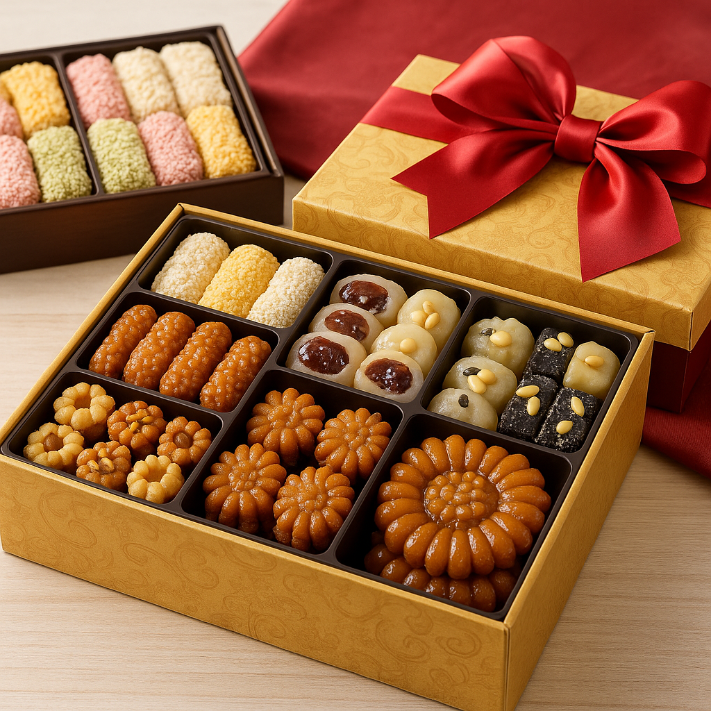 정갈하게 포장된 전통 한과 선물 세트의 고급스러운 실사 이미지