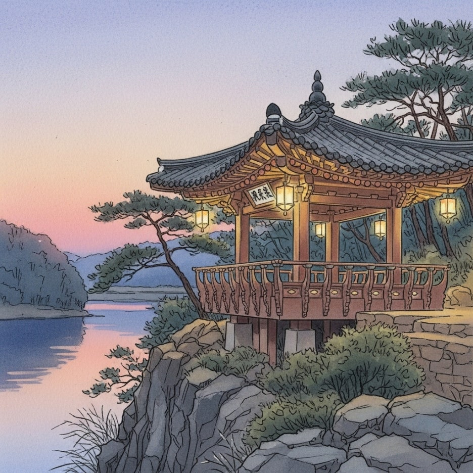 은은한 조명을 받은 고즈넉한 영남루의 전경