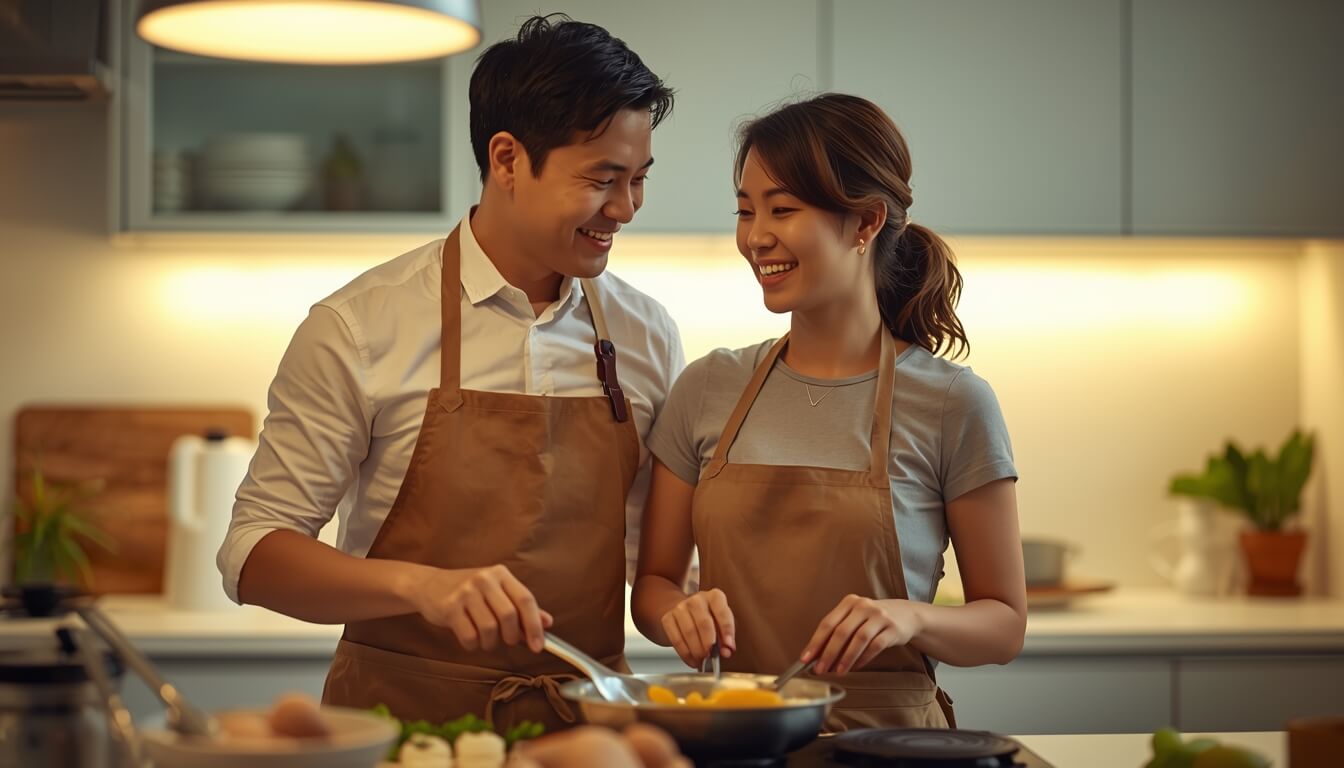 맞벌이 부부 함께 요리하며 가사 분담하는 모습