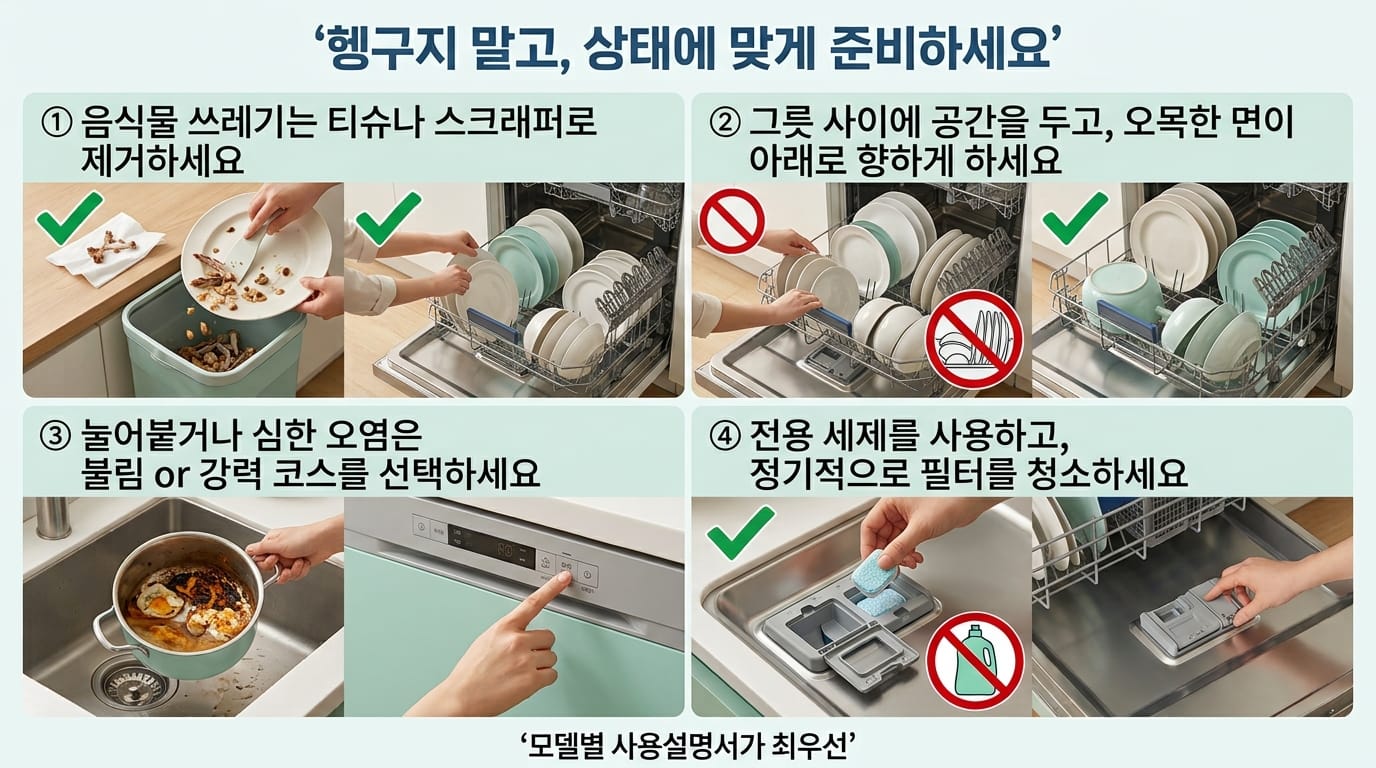 식기세척기 넣기 전 큰 찌꺼기만 제거하는 방법