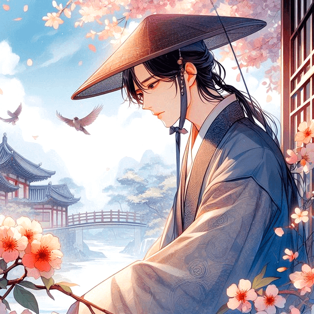 한복을 입은 잘생긴 총각이 삿갓을 쓴고 생각하는 옆모습이다. 주변엔 벛꽃들과 새들이 있다.