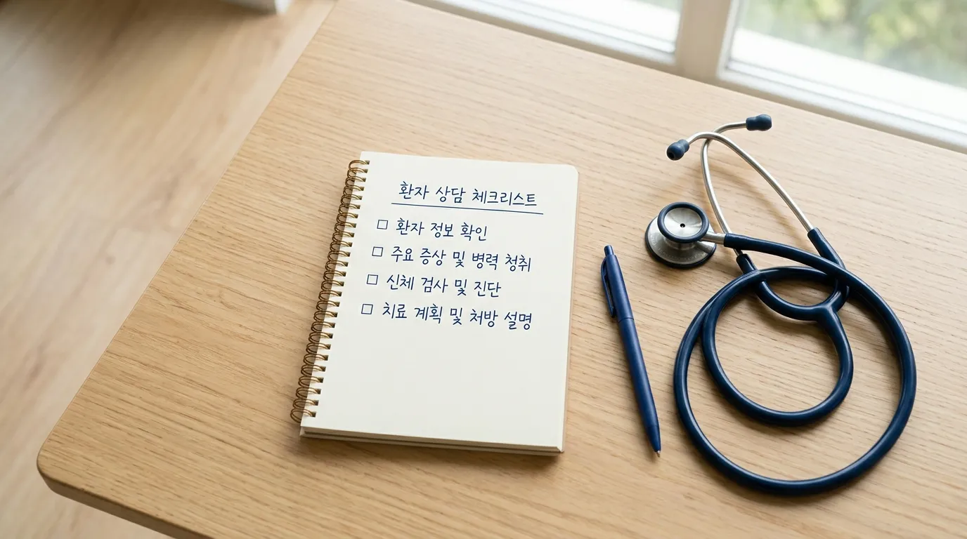 위염 자가 체크리스트 항목이 적힌 노트패드와 청진기