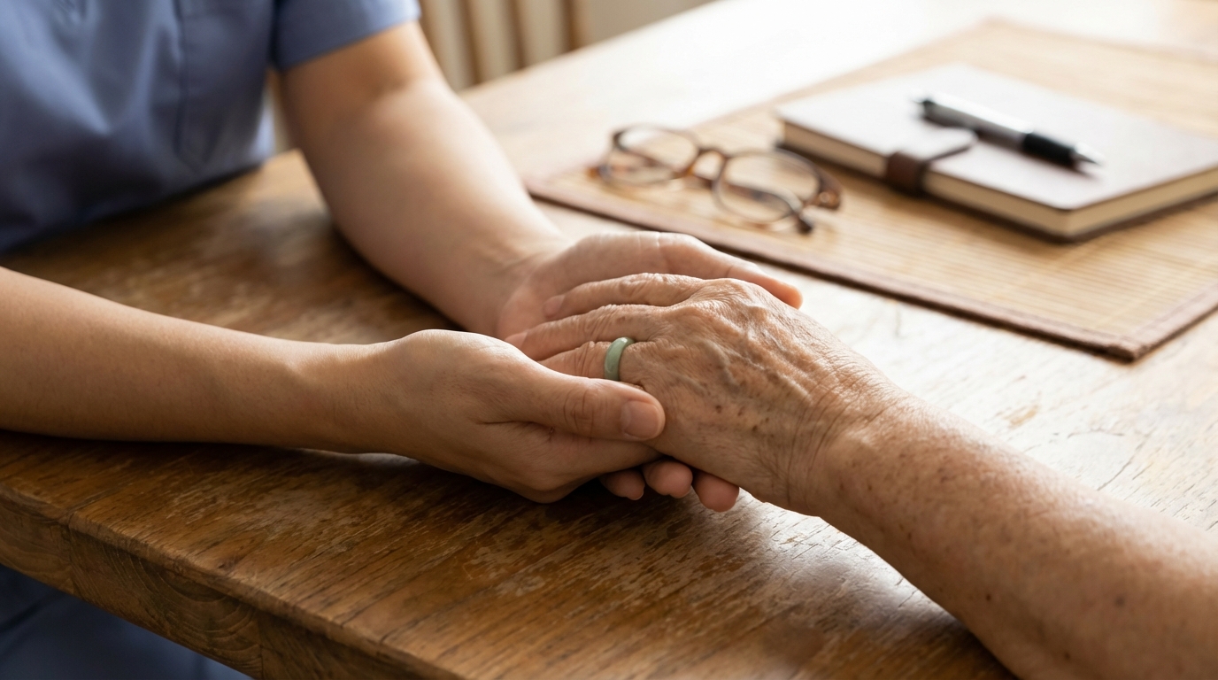 정갈한 유니폼을 입은 요양보호사가 어르신의 손을 따뜻하게 잡고 있는 모습