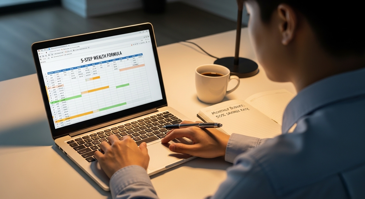 A detailed, realistic photo of a young office worker (salary 2 million KRW) sitting at a simple desk, focused on a laptop displaying a financial planning spreadsheet with '5-Step Wealth Formula' as the title. Next to the laptop, there is a physical notebook open to a page titled 'Monthly Budget: 50% Savings Rate' and a cup of coffee. The lighting is warm and clear, suggesting a disciplined, focused evening.