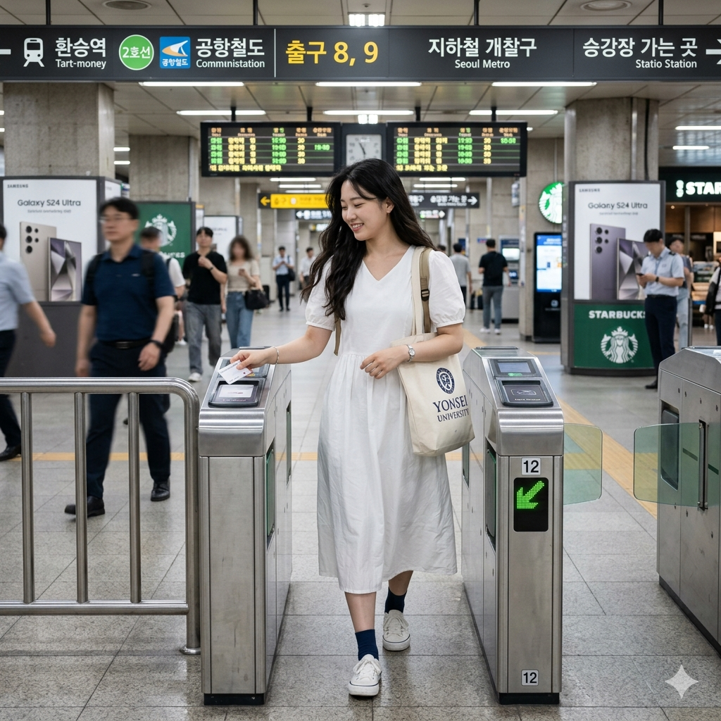 20대 한국 여자 대학생, 긴머리, 흰색 원피스, 한국 지하철 개찰구 지나는 모습