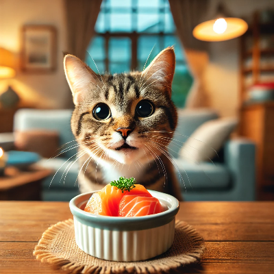 맛있는 연어 먹을 준비를 하는 귀여운 고양이