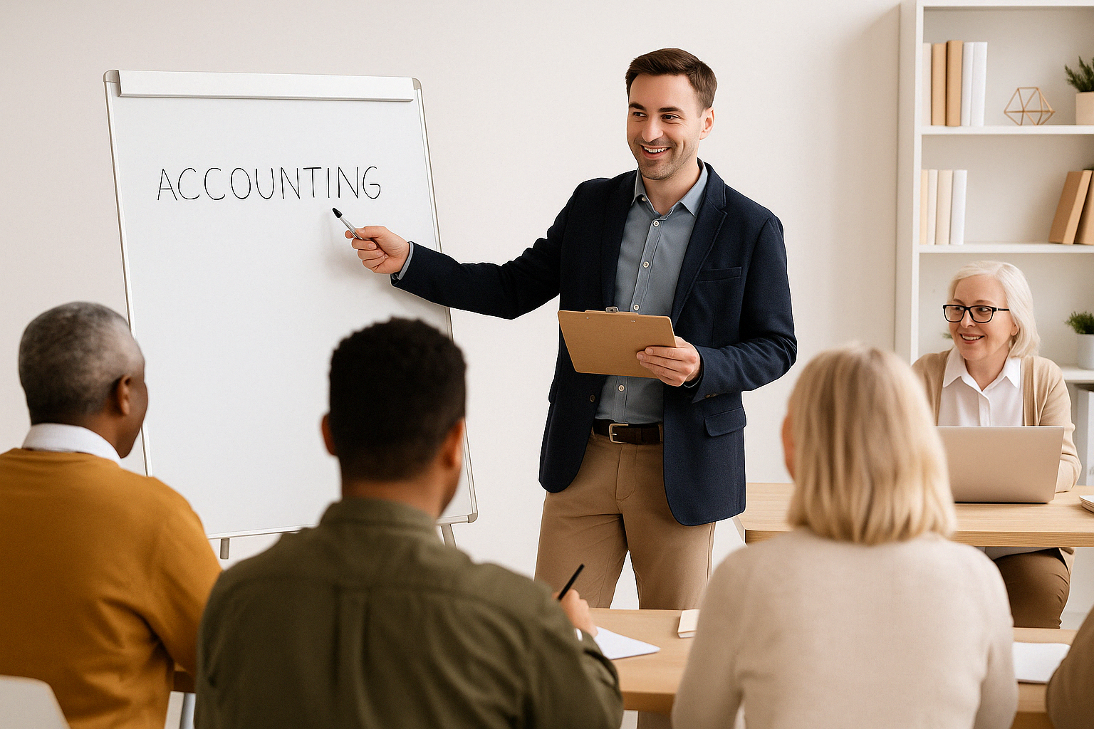 한 남성 강사가 칠판 앞에서 ‘ACCOUNTING’이라고 쓰여 있는 모습을 가리키며 설명하고 있다. 앞줄에는 노년층과 중장년 수강생들이 앉아 필기 도구를 준비하고 있고, 뒤쪽에는 노트북으로 함께 학습하는 여성 수강생이 미소 짓고 있다.