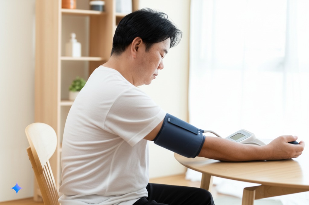 올바른 혈압 측정 자세를 보여주는 이미지