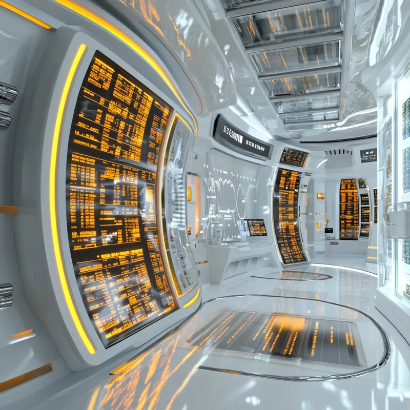 최신 AI 기술이 시장 동향을 분석하는 미래 지향적 증권 거래소로, 재정 예측과 혁신의 활기를 전하는 장면.