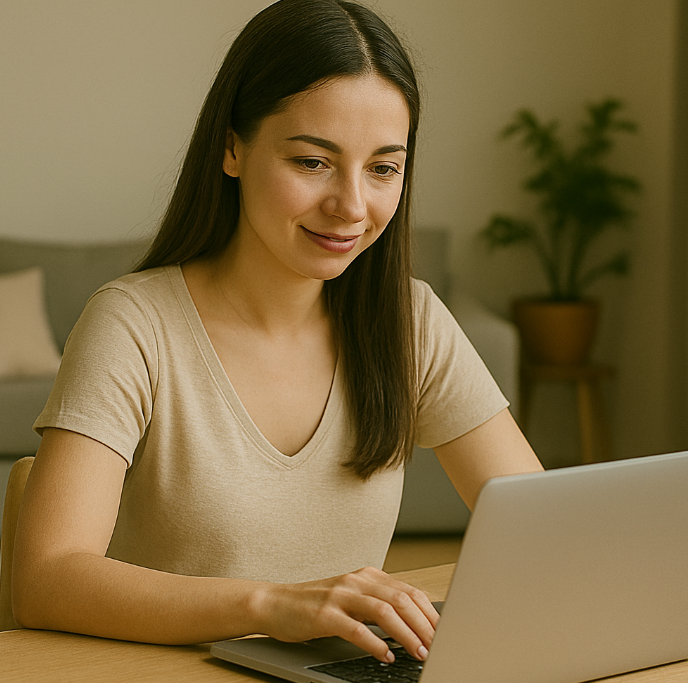 노트북으로 글 쓰는 여성 사진