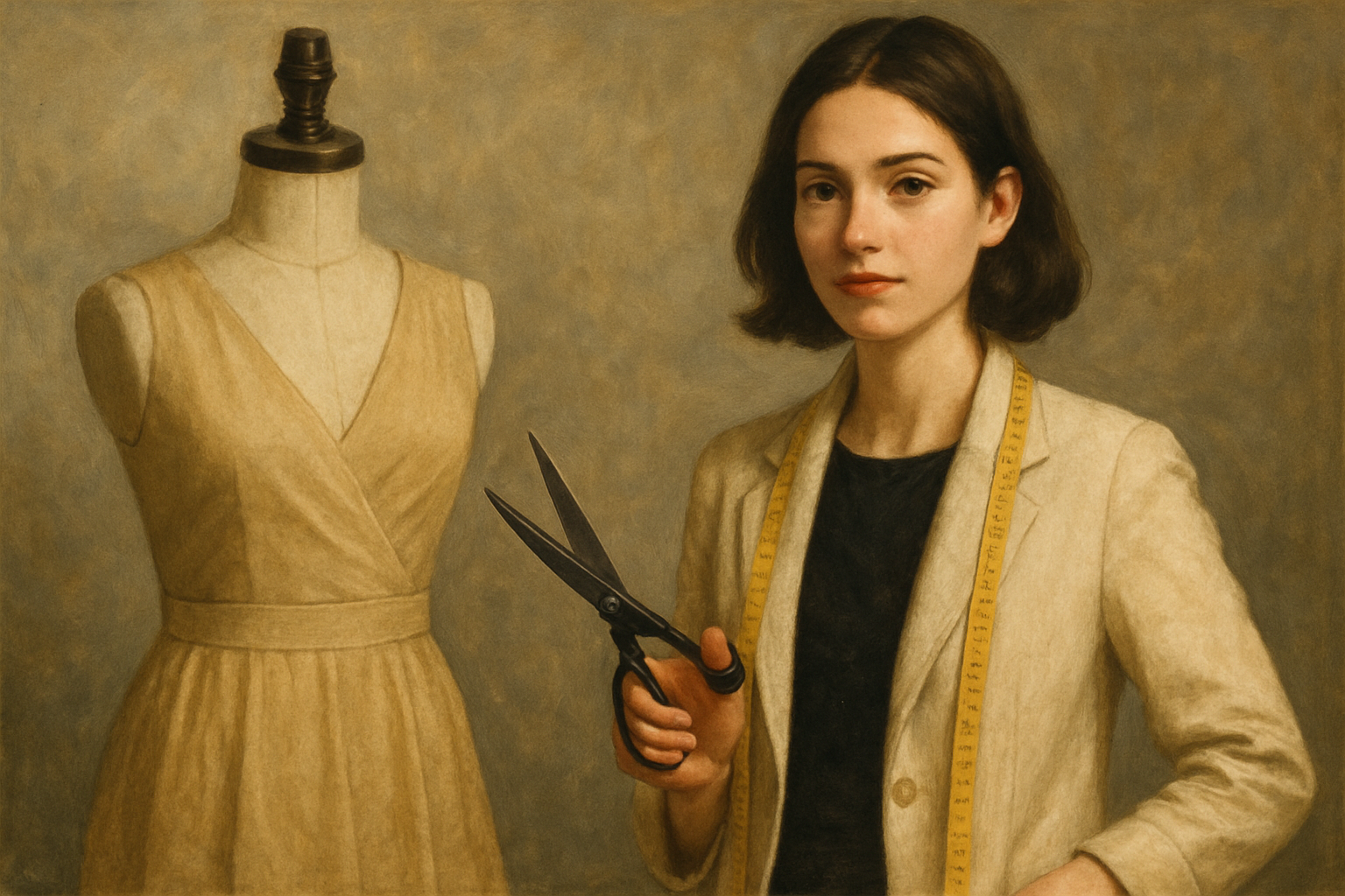 옷 마네킹에 걸어두고 가위들고 있는 패션 디자이너 모습입니다.