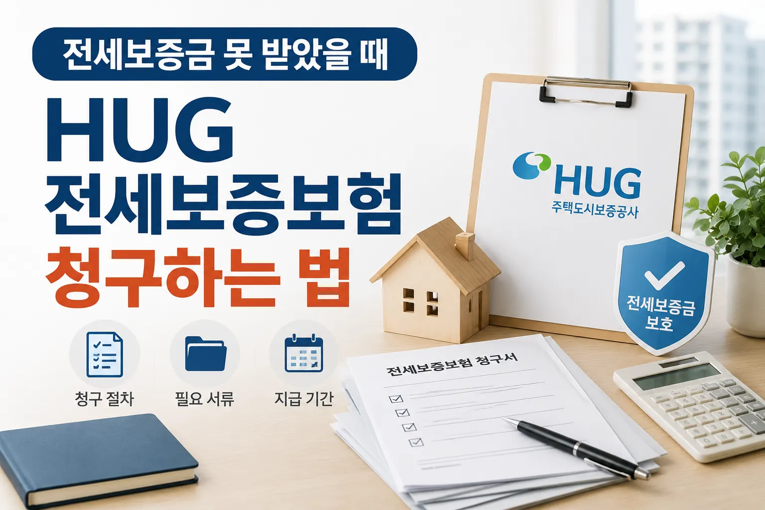 전세보증금 반환 문제 발생 시 HUG 전세보증보험 청구 절차를 설명하는 썸네일 이미지