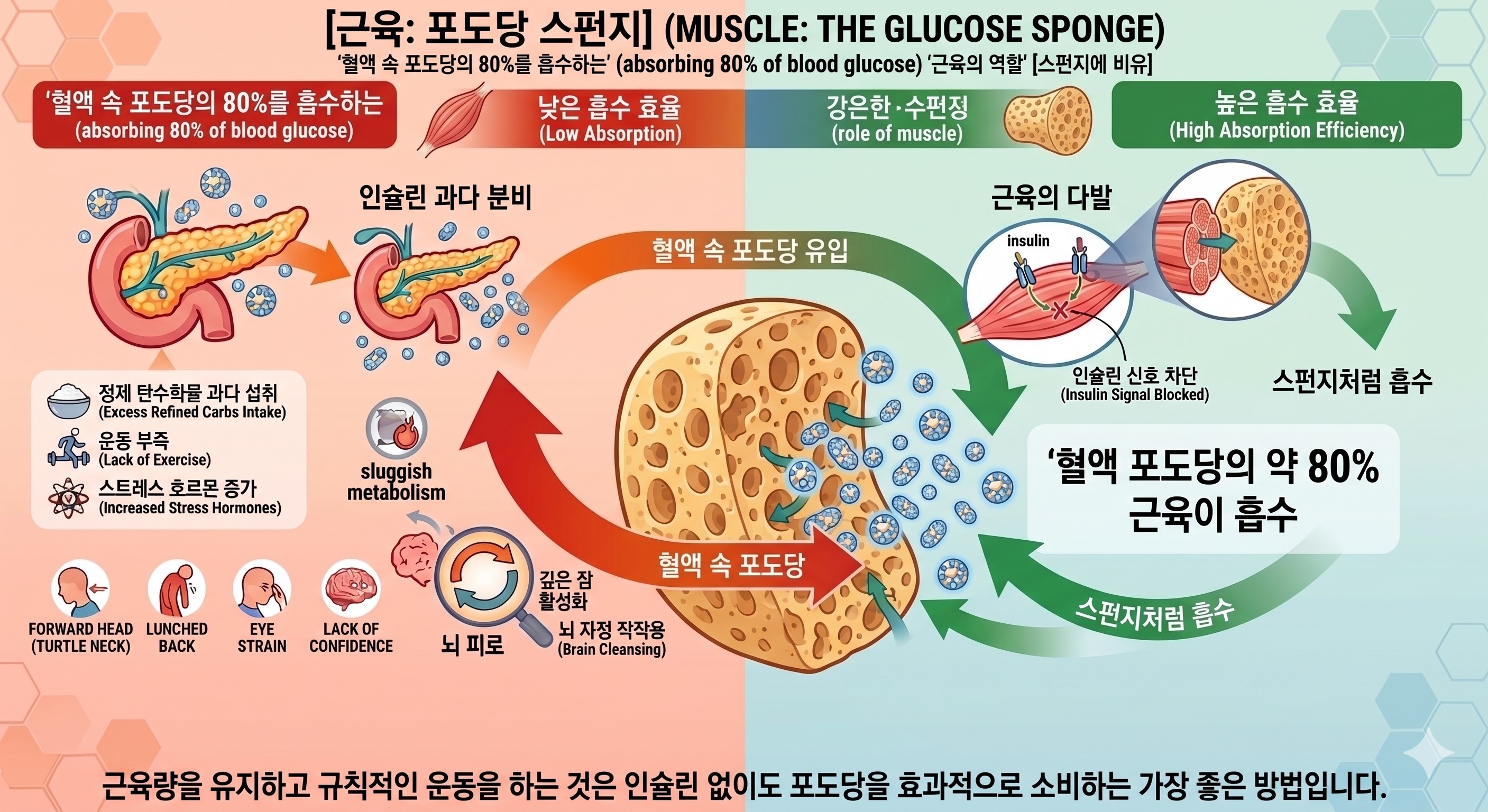 혈액 속 포도당의 80%를 흡수하는 '근육의 역할'을 스펀지에 비유하여 시각화한 그림