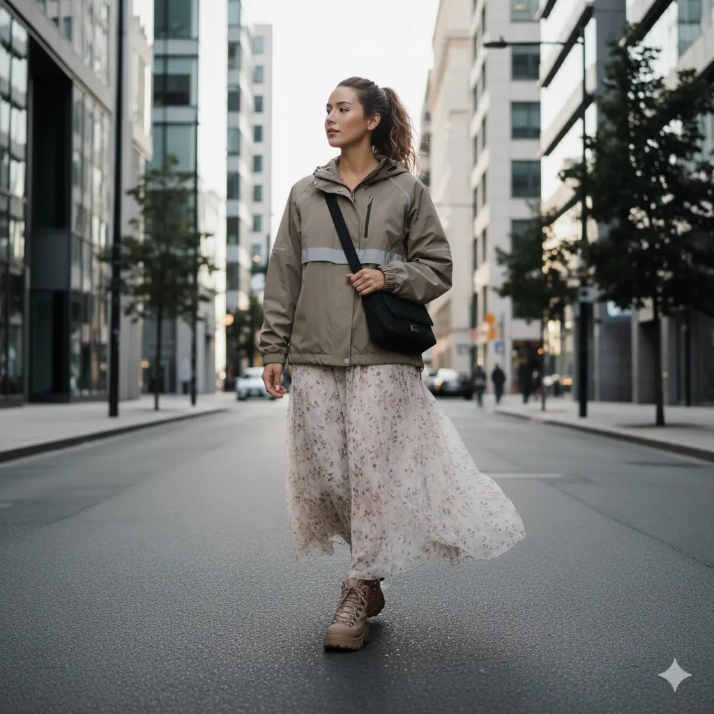 하늘하늘한 소재의 롱 스커트나 원피스 위에 투박한 기능성 바람막이나 숏패딩