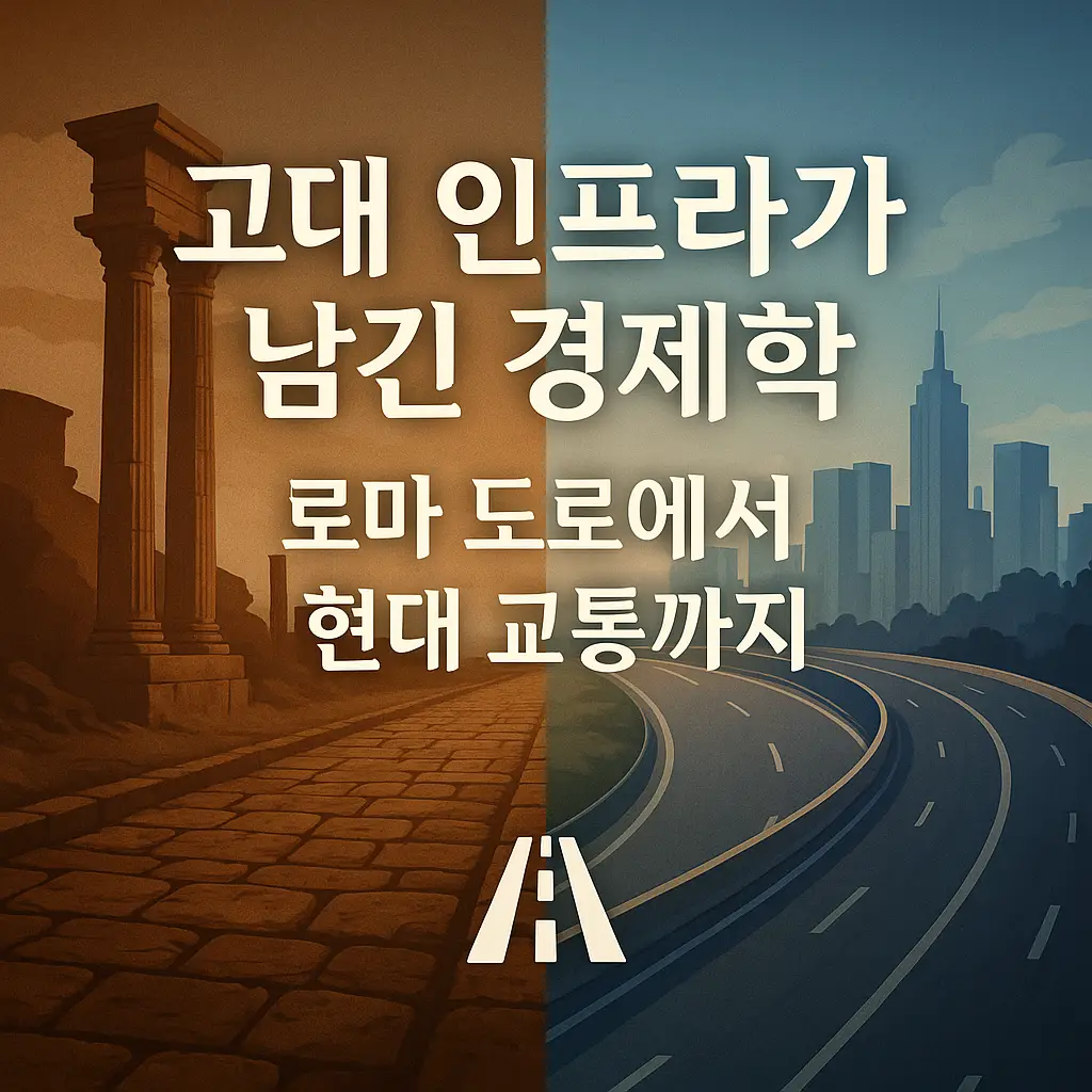 고대 로마 도로와 현대 고속도로가 이어지는 상징적 이미지, 중앙에 블로그 제목 텍스트 삽입
