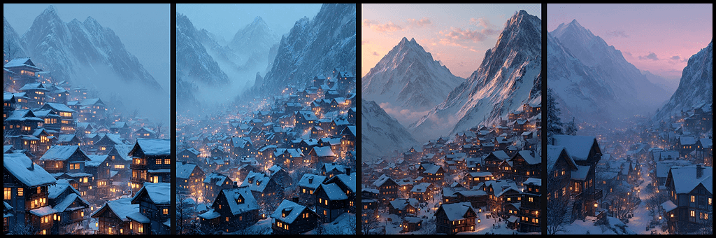 snowy mountain village 세계관 실험 생성 이미지_ Midjourney