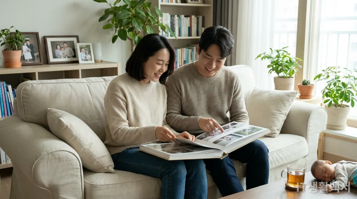 한국인 부부가 소파에 앉아 가족 앨범을 보며 부양가족을 생각하는 모습