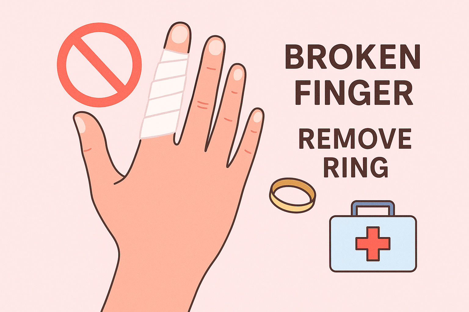 손가락 골절 응급처치와 반지 제거를 안내하는 16:9 일러스트
