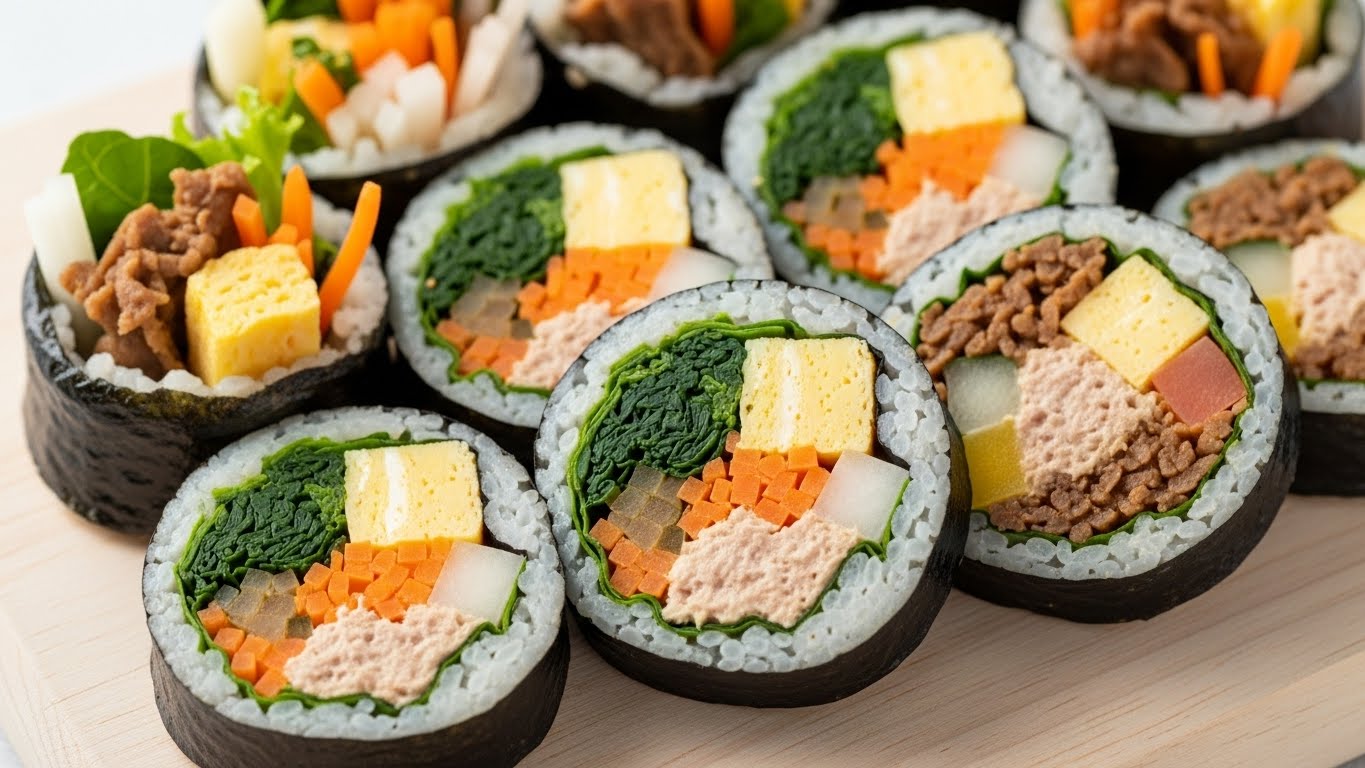 Close-up of assorted Korean gimbap rolls filled with vegetables, egg, tuna, and bulgogi, non-spicy and beginner-friendly