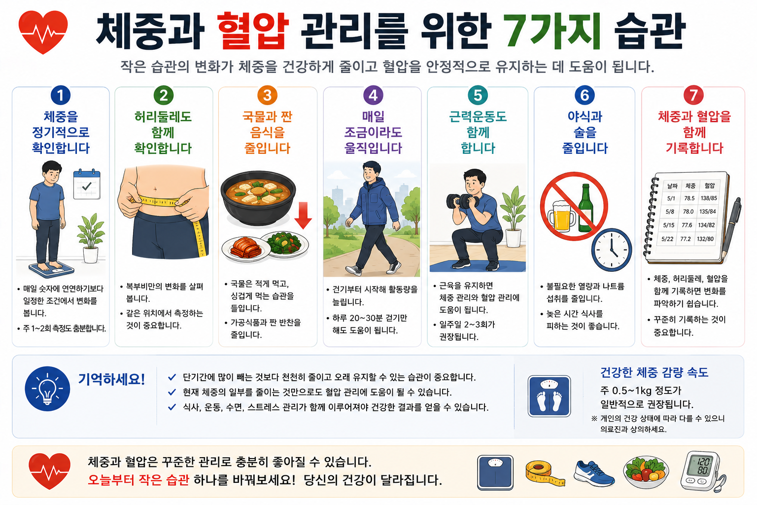체중&middot;식사&middot;활동&middot;혈압 기록의 생활습관 예시