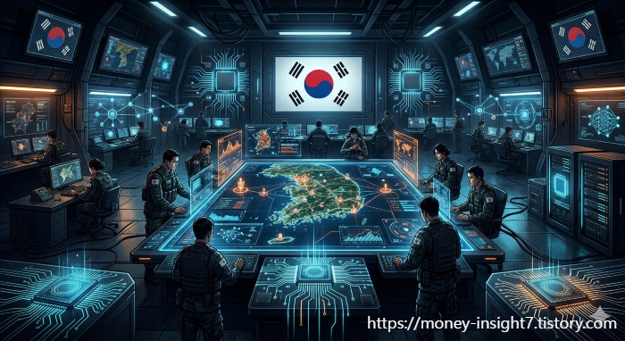 미래지향적인 한국군 지휘소 내부를 보여주는 드라마틱한 디지털 일러스트레이션입니다. 중심에는 한반도 전역의 네트워크와 전술 상황을 표시하는 대형 원형 홀로그램 전술 테이블이 있습니다. 지도 위에는 점과 선으로 연결된 네트워크가 그려져 있고, 특정 위치(예: 독도 근처, 평양 근처)가 강조 표시되어 있습니다. 테이블 주변에는 전투복과 전술 조끼를 착용하고 'ROK' 및 태극기 패치를 붙인 군인들이 서 있거나 앉아 각자의 장비를 조작하고 있습니다. 벽면 전체에는 태극기, 북한 지도, 데이터 차트, 네트워크 다이어그램 등 수많은 스크린이 설치되어 있습니다. 조명은 어두운 파란색과 주황색 빛이 대조되어 긴박한 분위기를 연출합니다. 전면 홀로그램 패널에는 'ROK-AI' 및 'CPU'라고 쓰여 있고, 군인들의 등에는 'ROK'가 쓰여 있습니다.