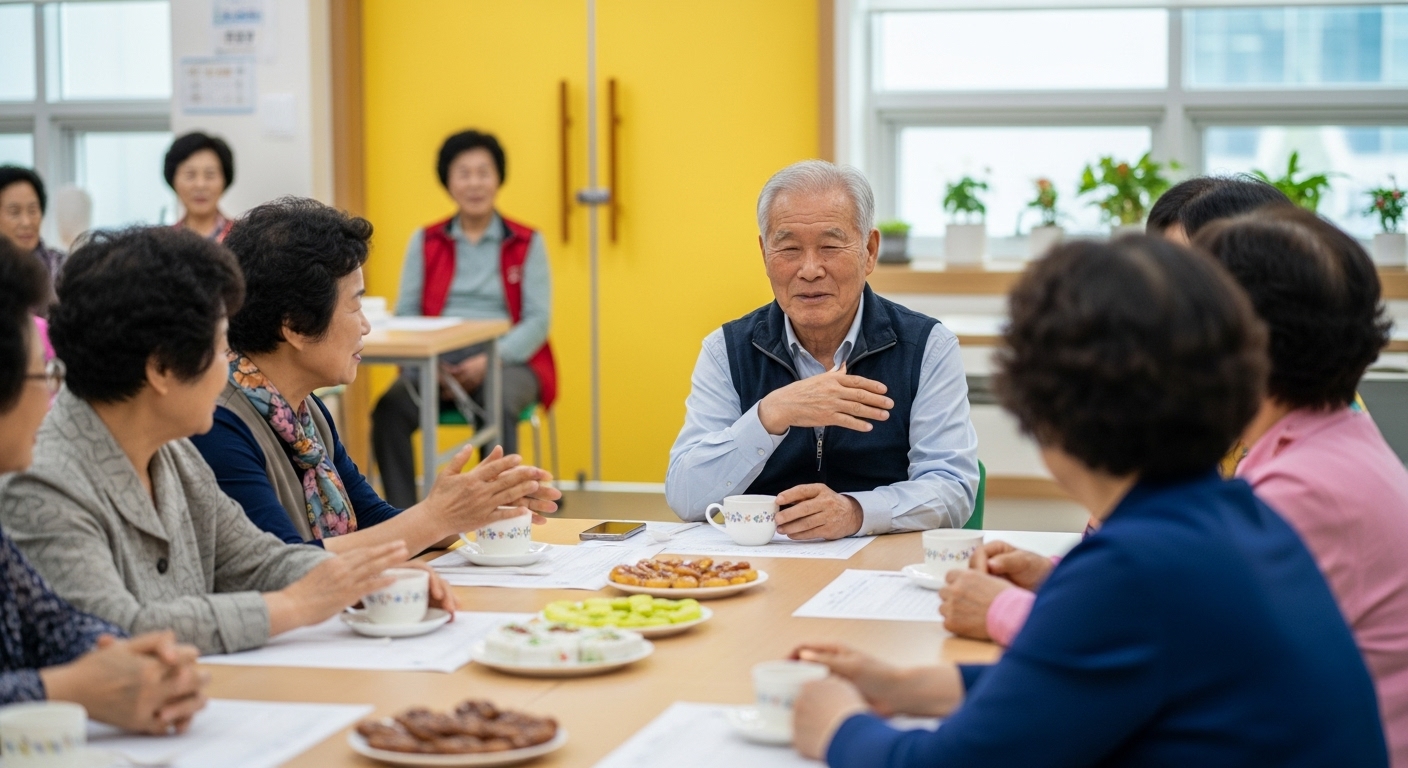시니어 커뮤니티 첫 모임에서 차 마시며 대화하는 70대 은퇴자