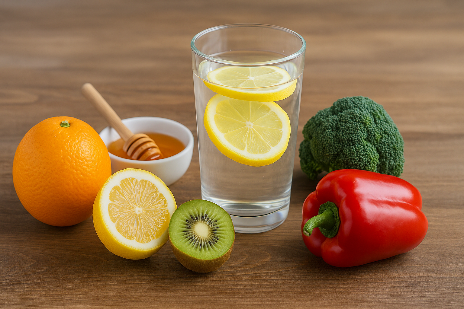 비타민C가 풍부한 레몬·키위·파프리카·브로콜리와 레몬워터 한 컵