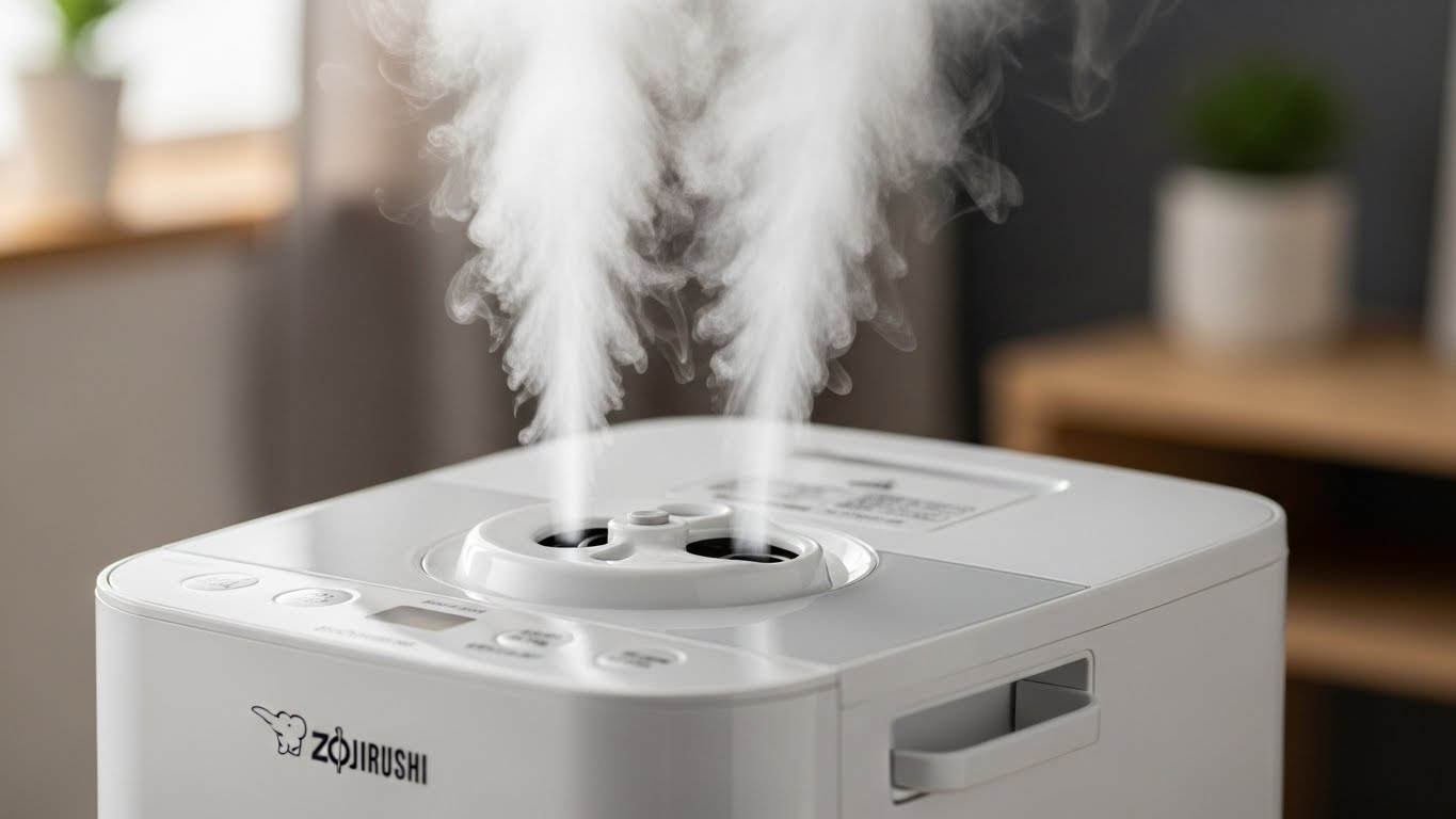 흐릿한 배경을 배경으로 깨끗하고 현대적인 가정 환경을 암시하는 세련된 흰색 조이루시 EE-DVH35K-WM 가습기