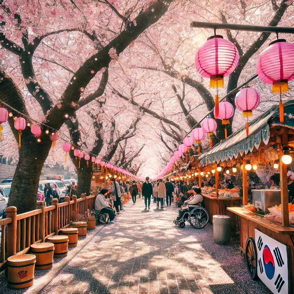 한국의 아름다운 벚꽃 축제 장면을 그린 그림입니다!