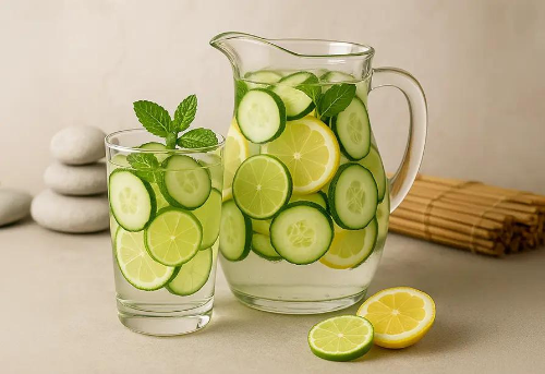 Fresh lemon cucumber juice served cold with mint