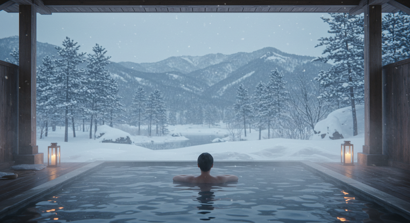 강원도 설경 속 야외 노천탕에서 스파를 즐기는 한국인