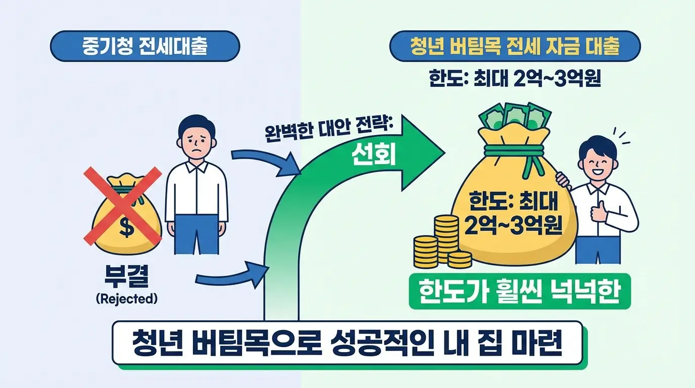 중기청 전세대출 부결 시 한도가 훨씬 넉넉한 청년 버팀목 전세 자금 대출로 선회하는 완벽한 대안 전략