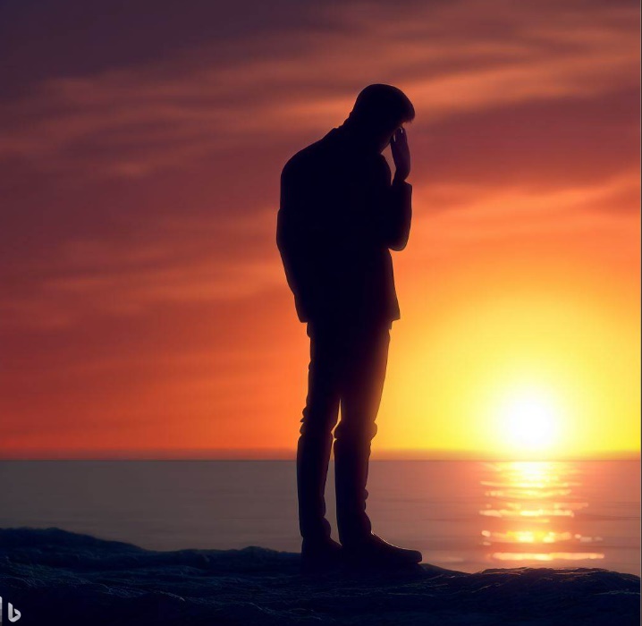 한때 명성이 높았던 가수가 낙담하여 저녁노을을 바라보는 장면