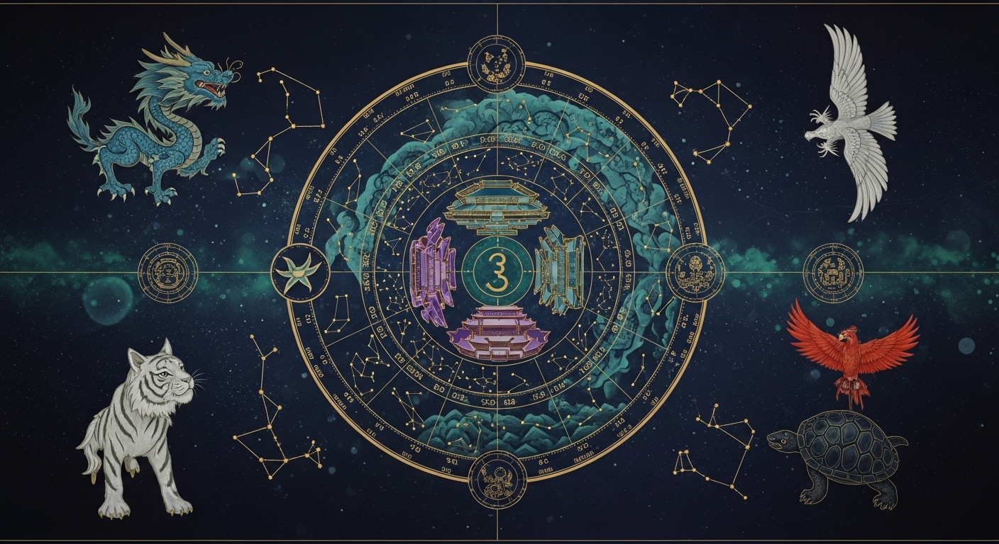 An elegant and mystical East Asian celestial map, featuring the 3 enclosures (Purple Forbidden, Supreme Palace, Heavenly Market) at the center and the 28 lunar mansions represented by constellations and the four mythological creatures (Blue Dragon of the East, White Tiger of the West, Vermilion Bird of the South, Black Tortoise of the North) at the four cardinal directions.