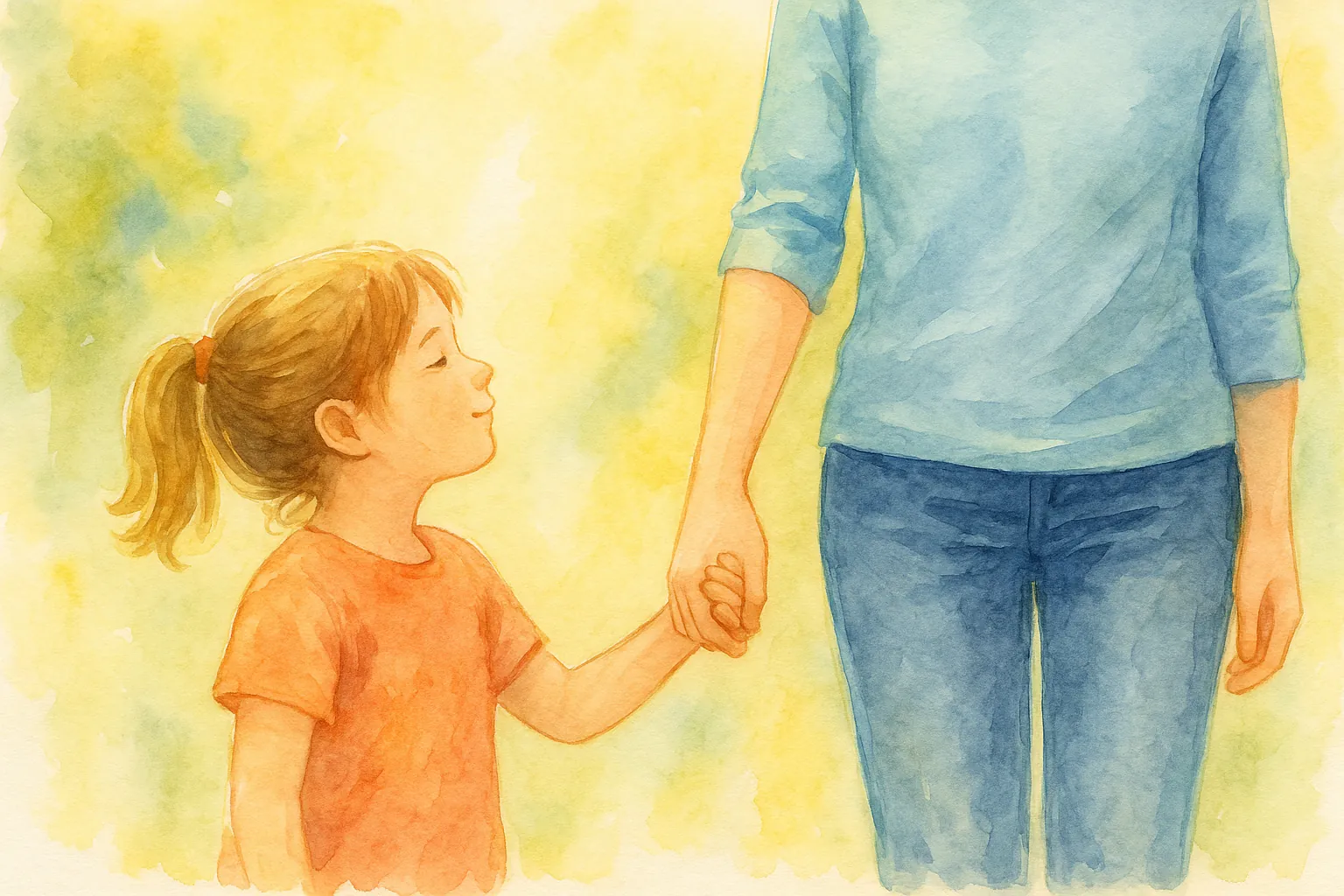 손을 꼭 잡고 걷는 엄마와 아이, 따뜻한 수채화 스타일 삽화